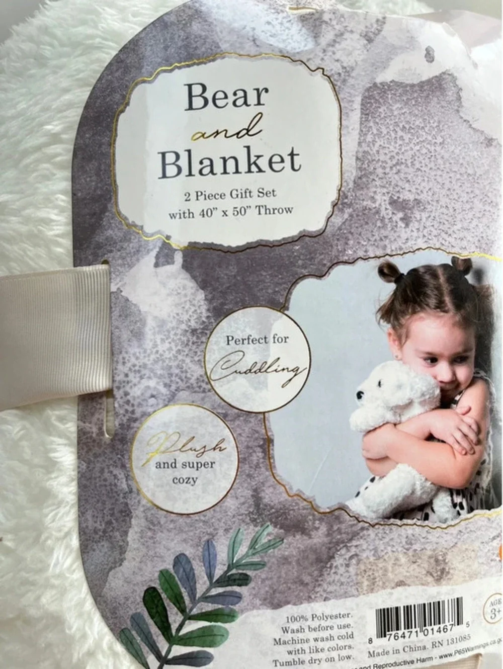 Plush Hug Me  Bear and Blanket 2 Piece Gift Set with 50” X 60”Throw White Soft